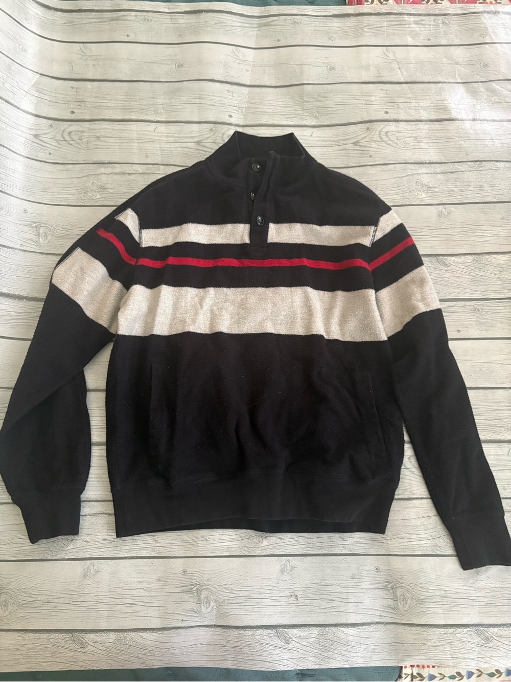 Chaps Black Crewneck Sweater with Cream and Red Stripes